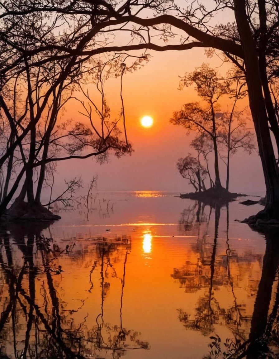 nature, trees, sunsets, reflections, peace and quiet, serenity, orange, orange gray