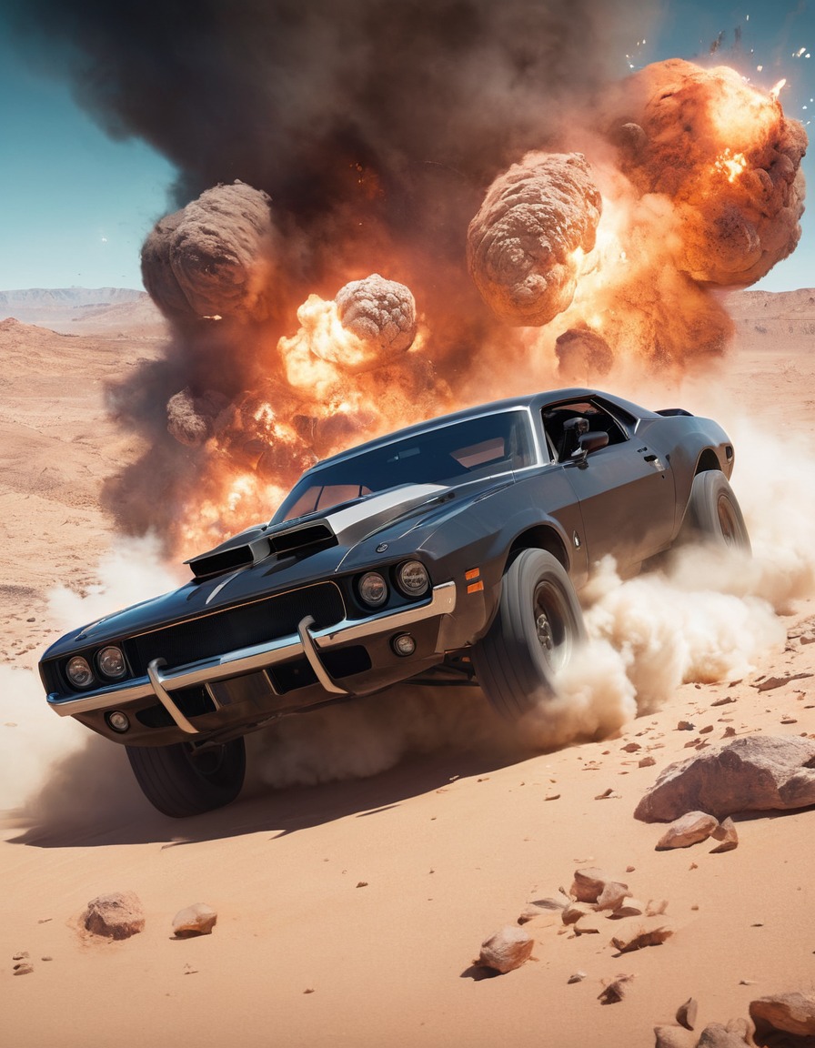 car chase, speed, desert, canyon, explosions, mad max