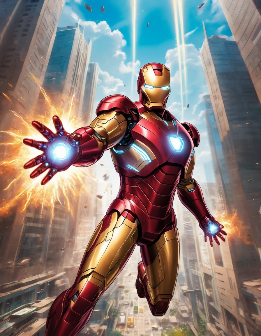 iron man, superhero, futuristic, cityscape, energy blasts, anime, marvel