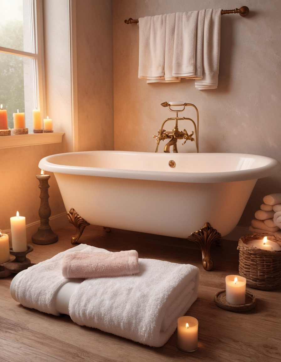 bathroom, clawfoot tub, fluffy towels, scented candles, relaxation, home, interior