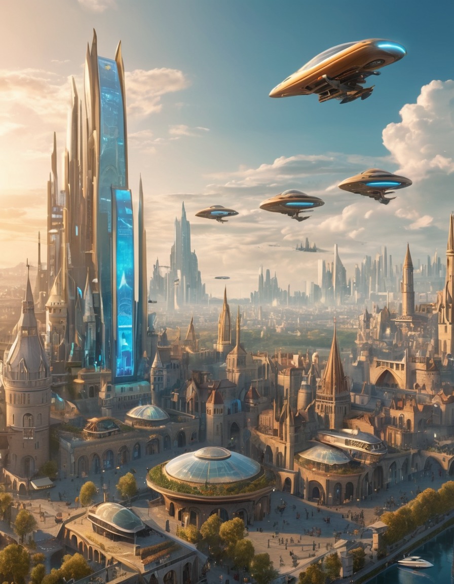 futuristic, cityscape, flying cars, holographic, illuminated manuscript, medieval, art