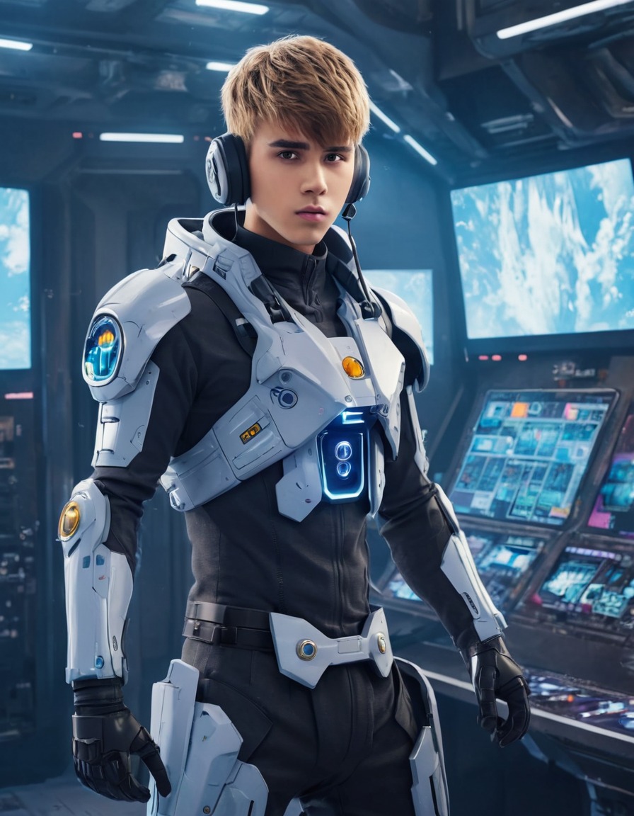 justin bieber, mech pilot, futuristic, anime, celebrity, science fiction