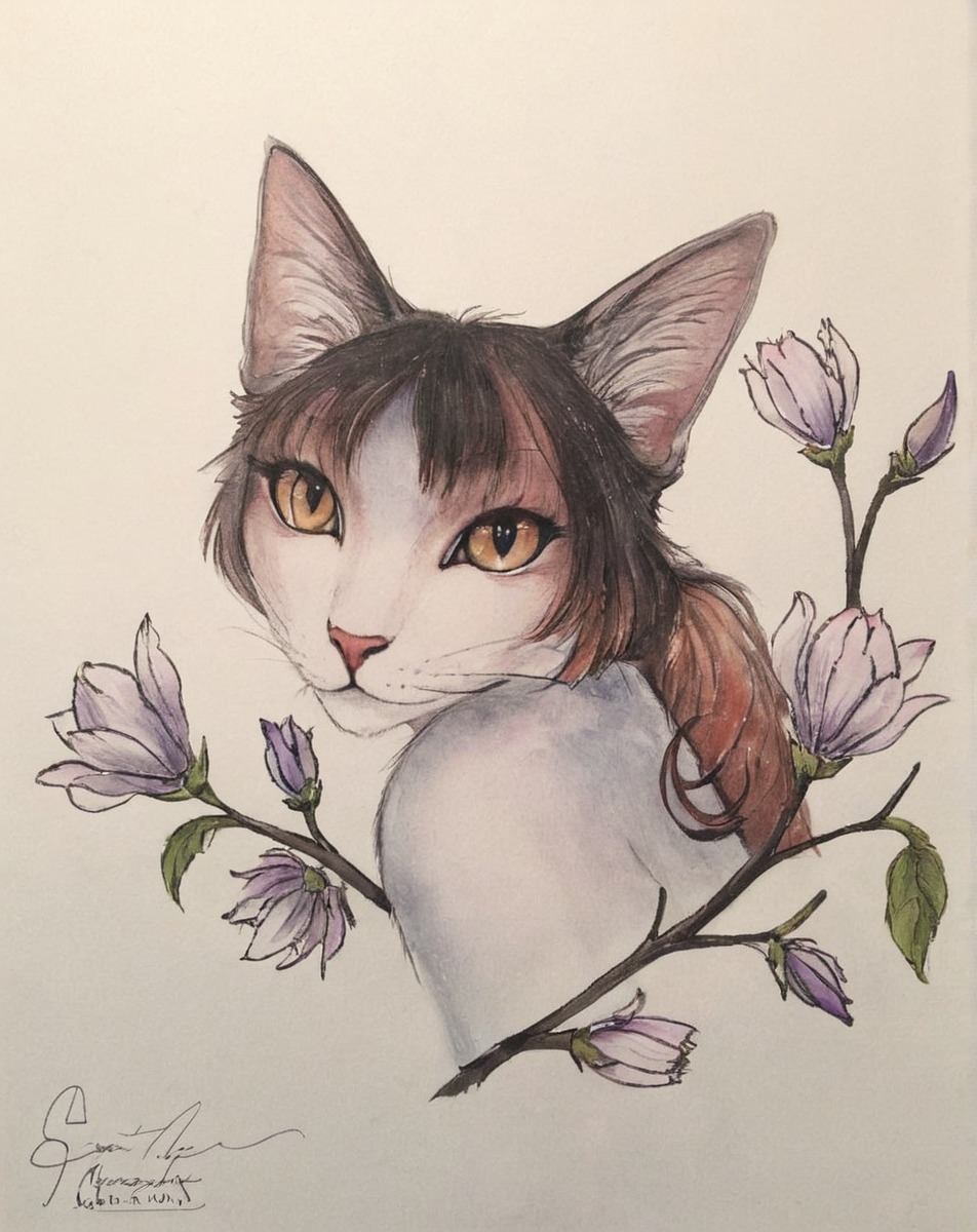 pet, catportrait, flowers, realistic, realisticdrawing, traditionalart, watercolor, watercolorpainting, watercolors, realisticcat