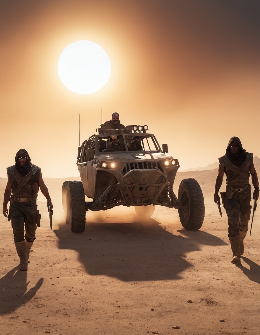 post-apocalyptic, wasteland, raiders, showdown, max, dusty, sun setting, mad max