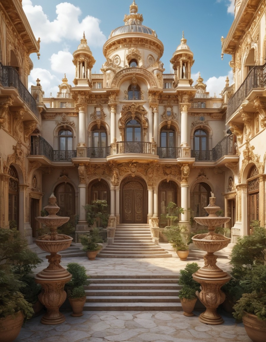 baroque architecture, courtyard, sculptures, ornate details, historic buildings, architecture