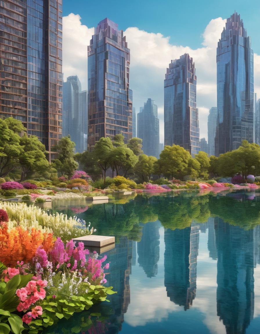 skyscrapers, reflection, lake, urban landscape, nature, wildlife, flowers, city