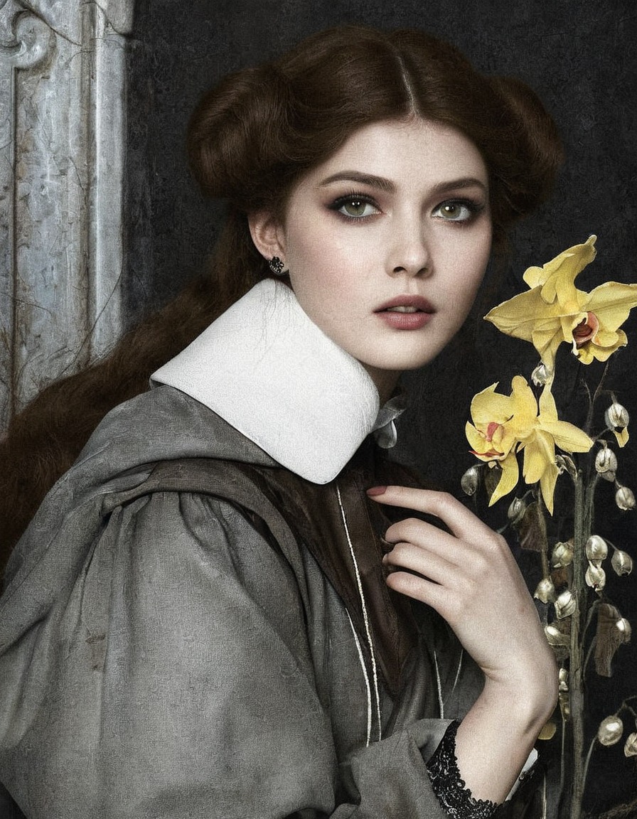 paintings, art, artwork, genre painting, female portrait, oskar zwintscher, fine art, german artist, portrait of a woman, flowers, daffodils, yellow flower, gray, grey, clothing, clothes, early 1900s, early 20th century, jewelry, jewellery, pale, eyes