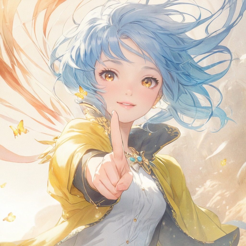 anime, bluehair, excited, girl, smile, watercolor, aiart, pixai