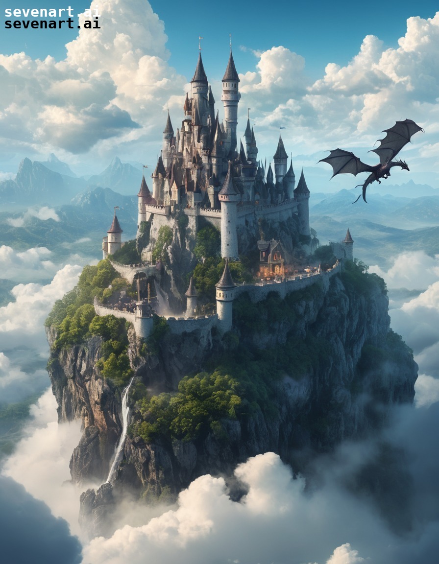 magical, castle, clouds, sorceress, dragons, fantasy