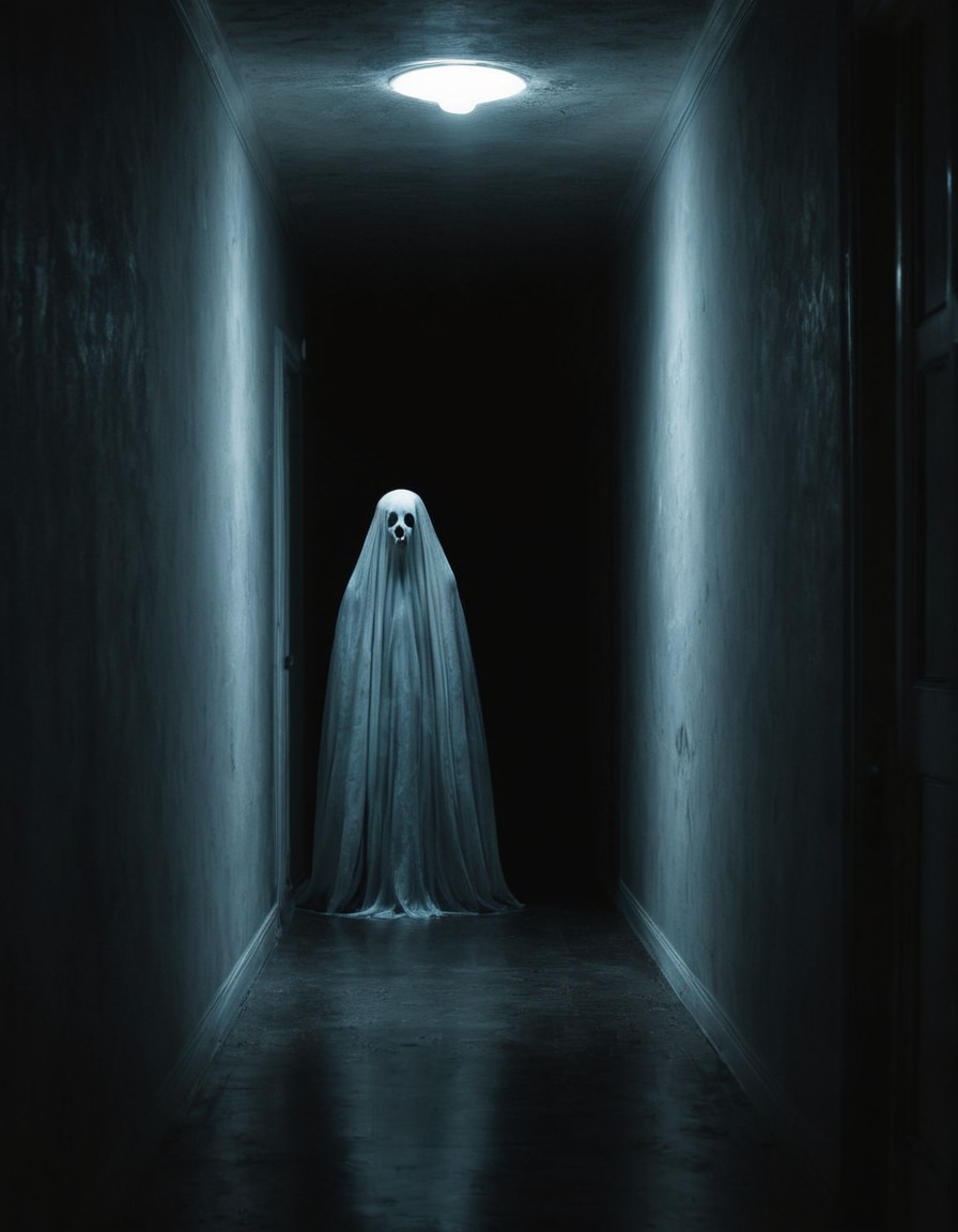 ghostly, apparition, floating, hallway, supernatural, gothic, underground, dark