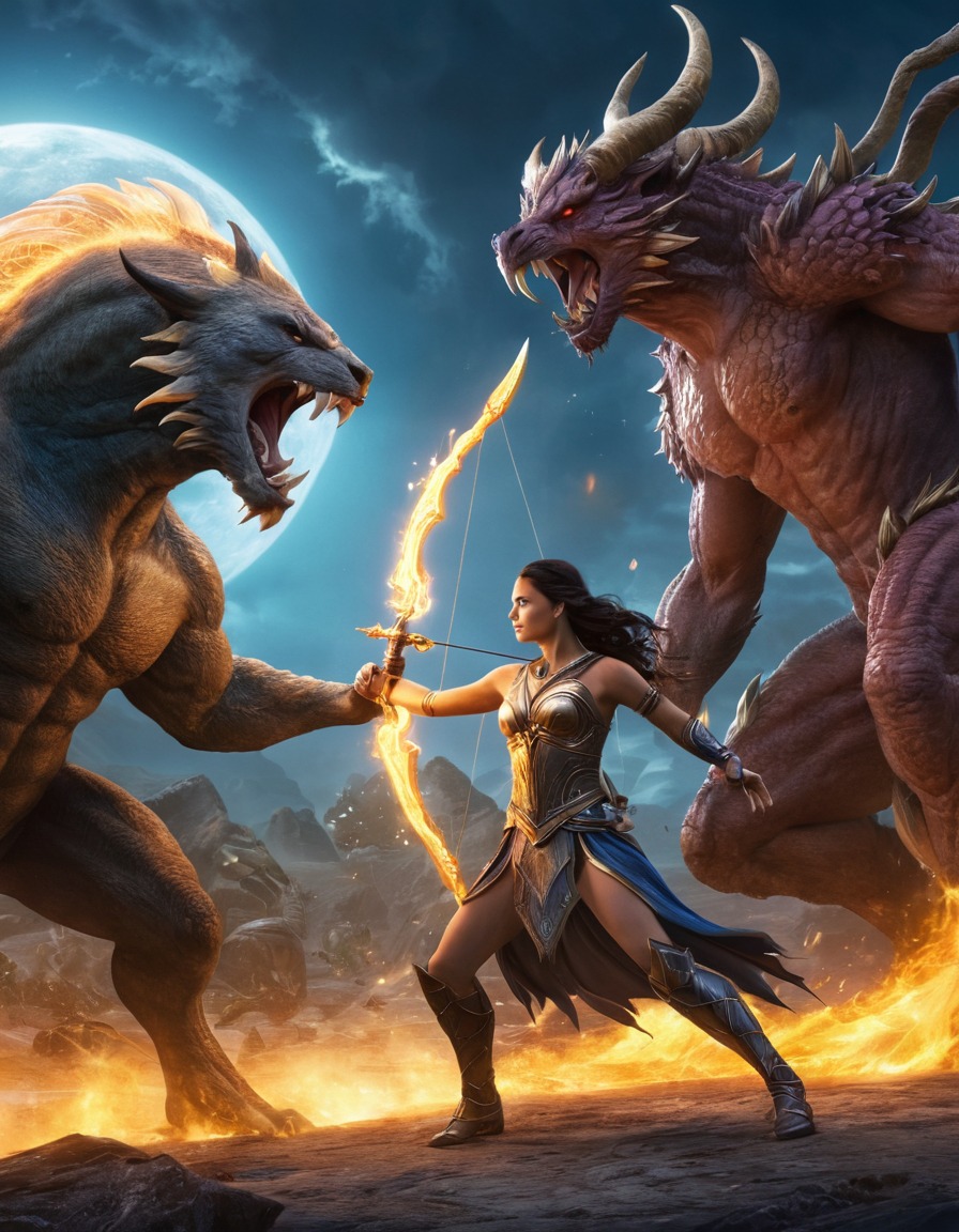 artemis, epic, fight scene, monsters, greek mythology, mythical creatures, fantasy