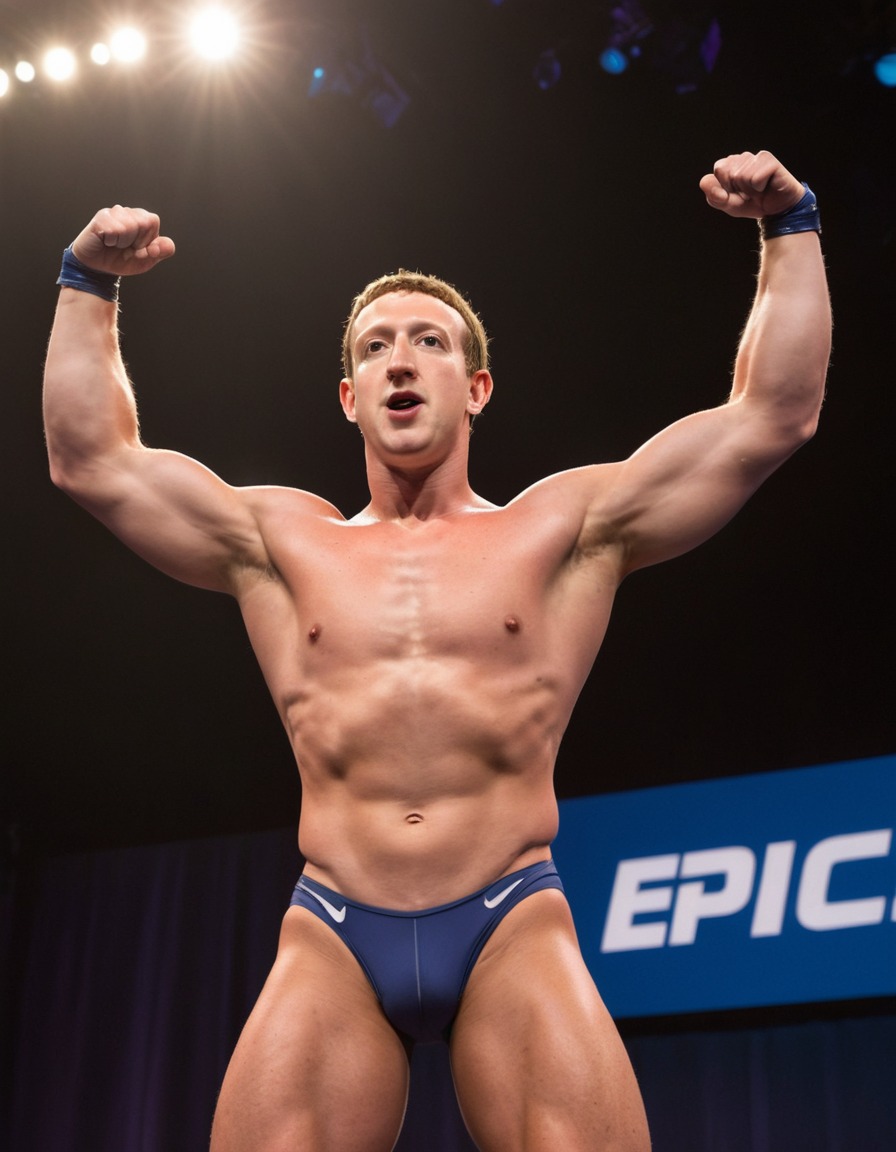 mark zuckerberg, bodybuilder, flexing, stage