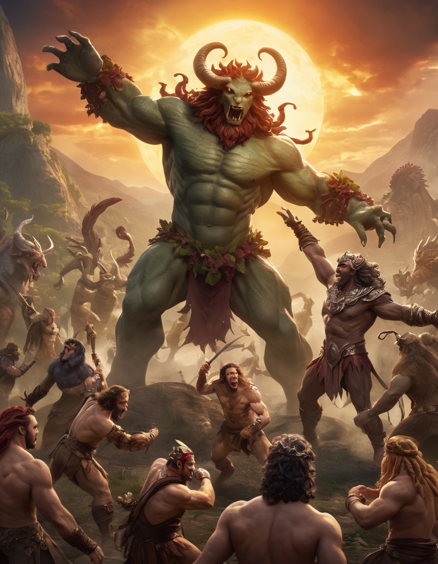 dionysus, greek mythology, epic battle, monsters, mythical creatures, war god, ancient gods