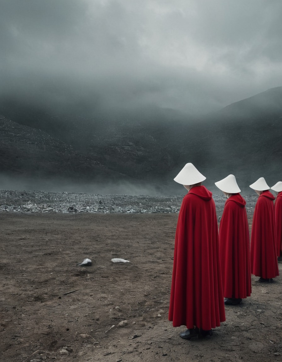 dystopian, handmaid, red robes, white bonnet, bleak landscape, books