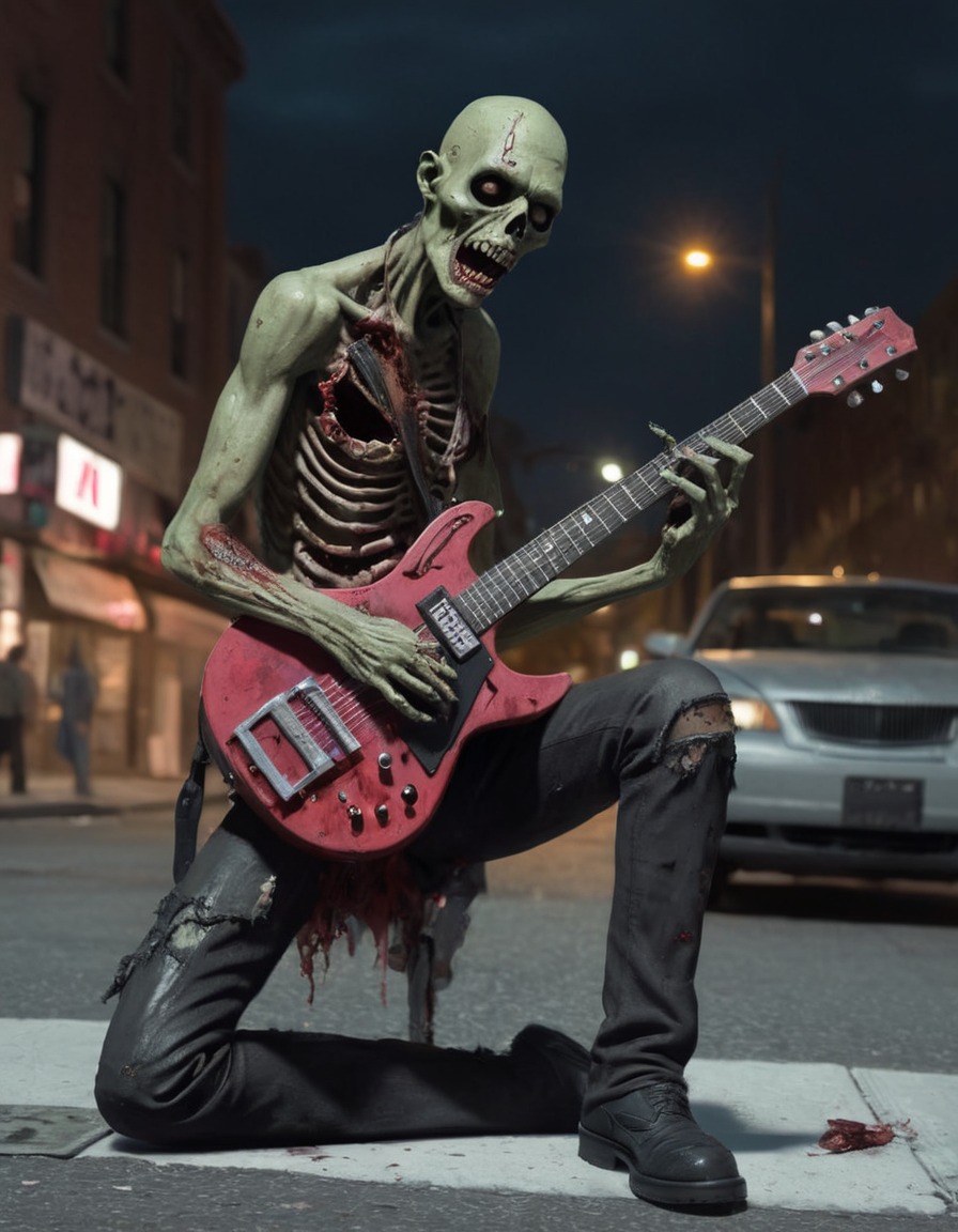 zombie, musician, guitar, street corner