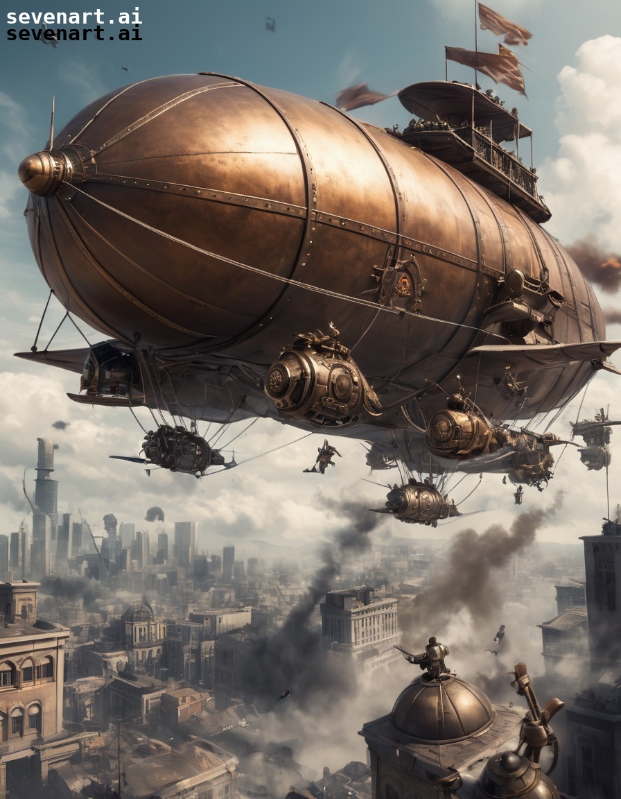 steampunk, army, airship pilots, mechanical soldiers, aerial battle