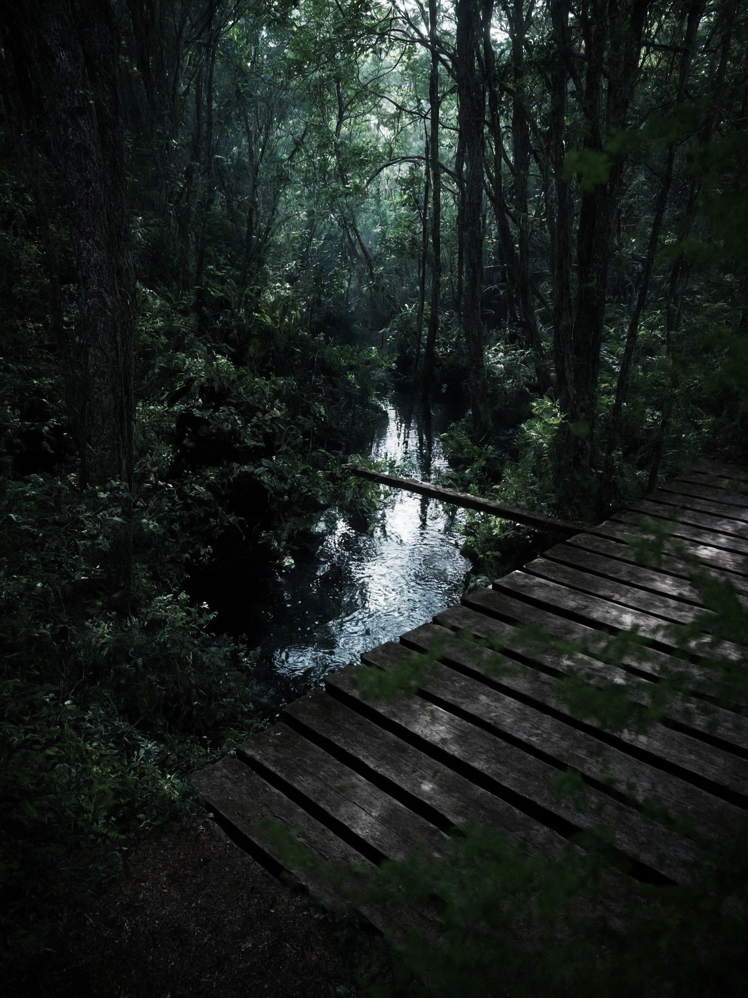 nature, landscape, photographers on tumblr, artists on tumblr, lensblr, forest, water, trees, bridge, wooden bridge, vertical nature, dark nature, into the woods