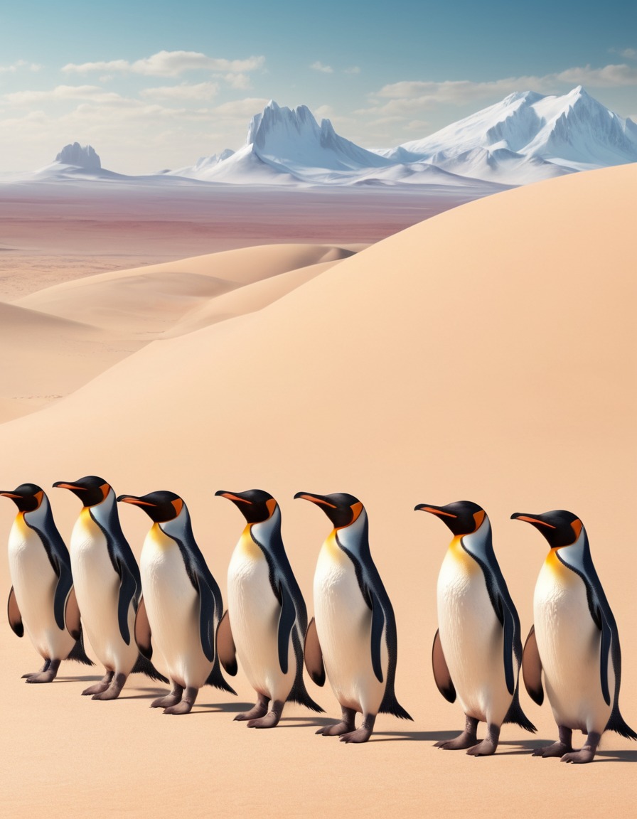 penguins, flock, desert, unusual sight, animal behavior, climate change, nature