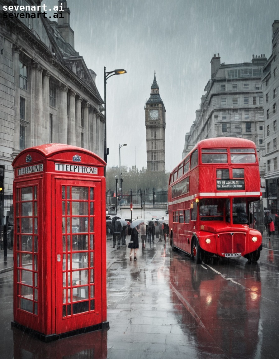 london, england, telephone booth, double-decker bus, rainy day, europe