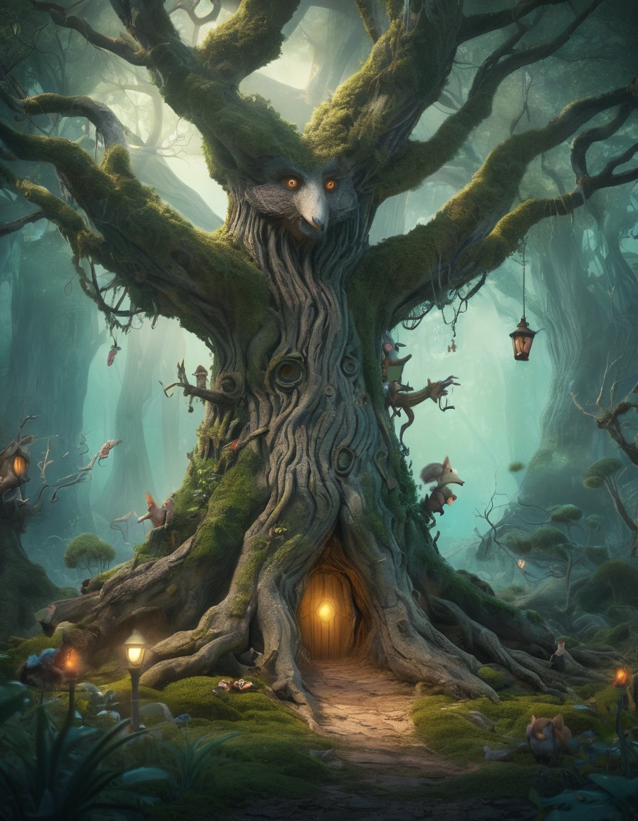 old tree, enchanted forest, woodland creatures, wise, mysterious, fantastic