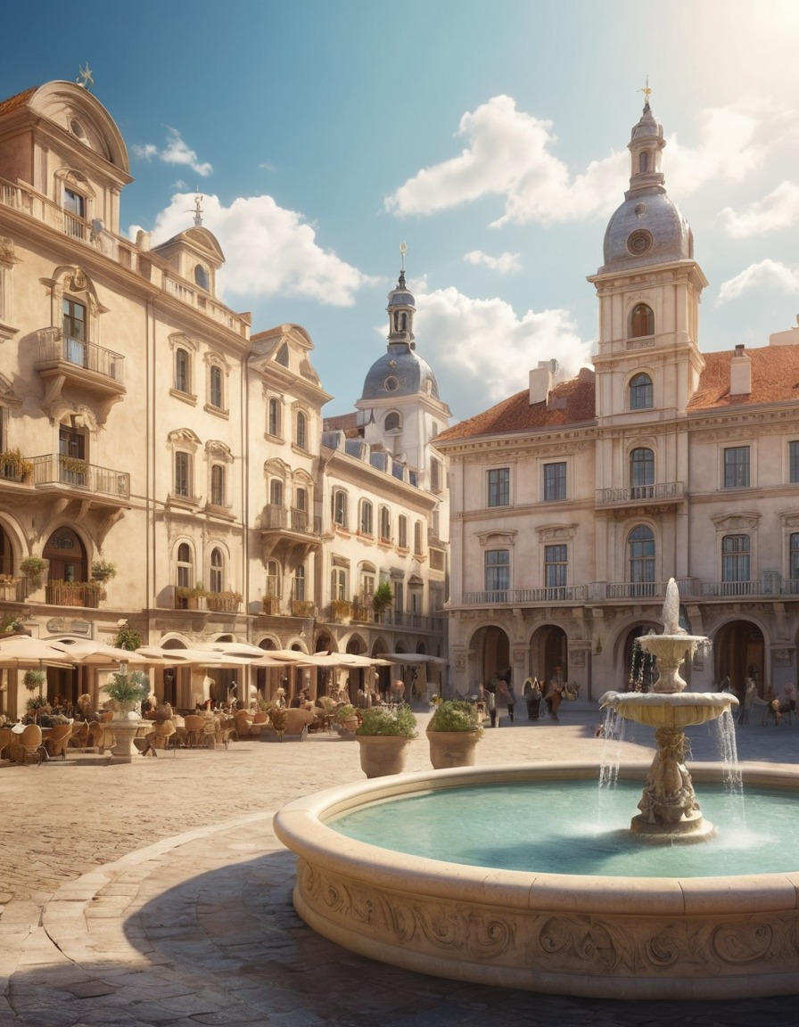 baroque architecture, town square, fountain, bustling, lively, architecture