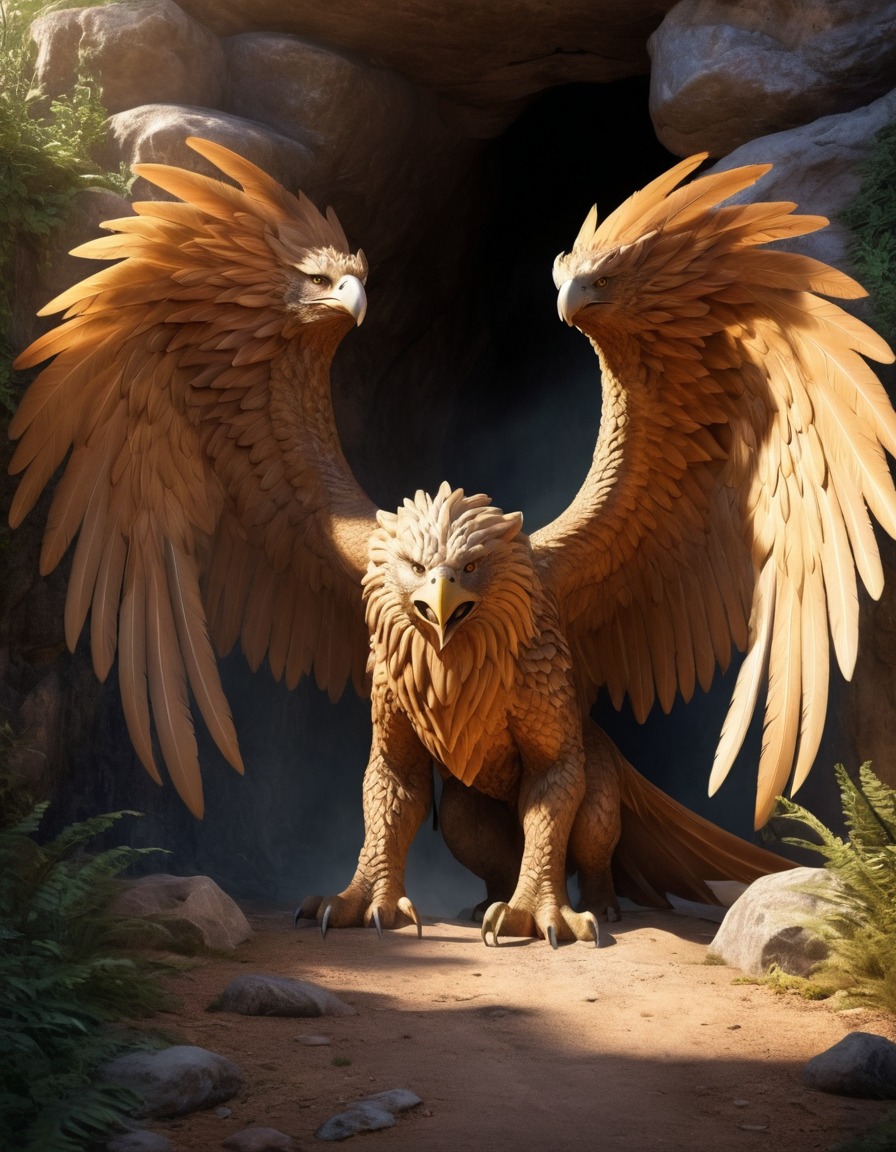 cave, entrance, griffin, sunlight, mythical creature, fantastic