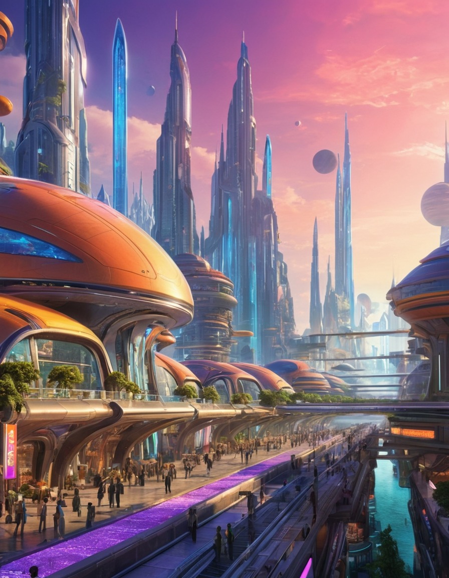 futuristic city, alien planet, vibrant colors, unique architecture, sci-fi, extraterrestrial, aliens