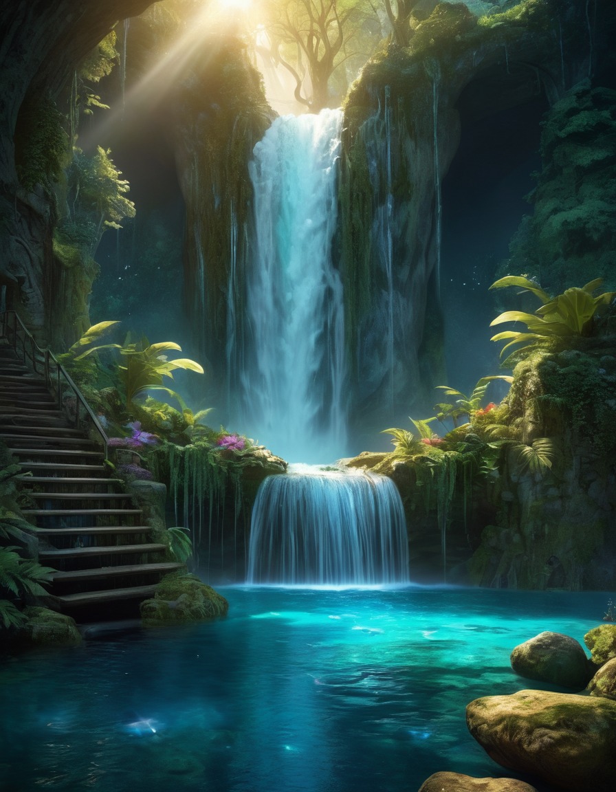 waterfall, glowing pool, enchanted water, fantasy, magical, nature, beauty