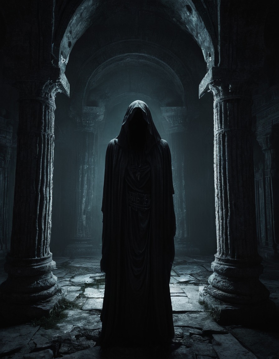 mystical, prophecy, shadowy figure, forgotten temple