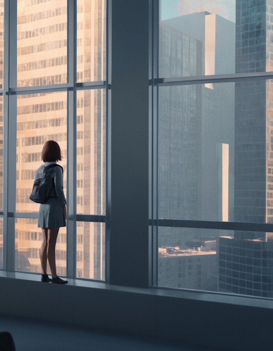 office, pensive, high-rise, urban, contemplative, games, girls from games