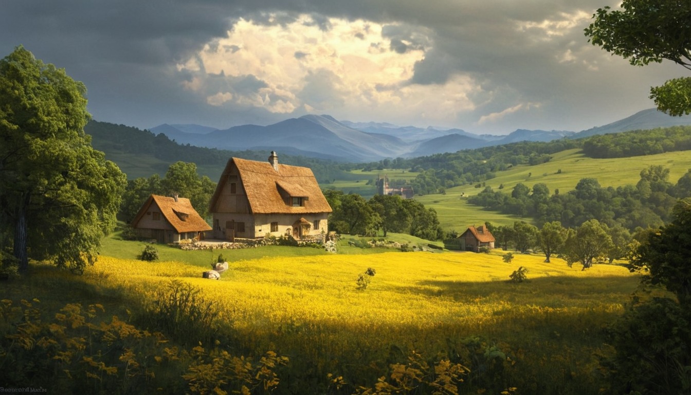 digitalart, digitalpainting, conceptart, landscapepainting, wallpaper, sky, forest, farm, landscape, village, midjourney, midjourneyartwork