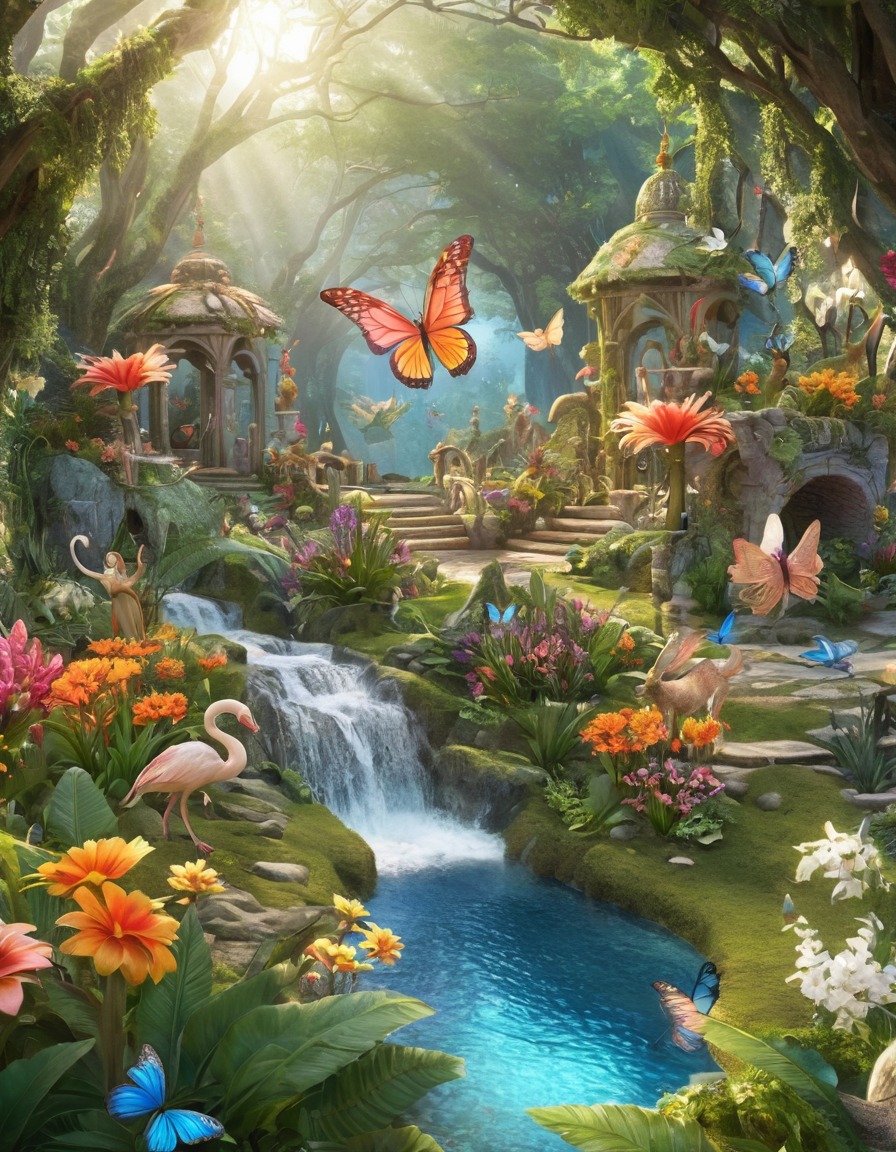 mythical garden, exotic flowers, talking animals, fairies, shimmering wings, fantasy land, fantastic