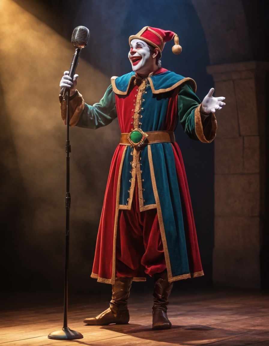 medieval, jester, stand-up comedy, performance, stage, microphone, entertainment, art