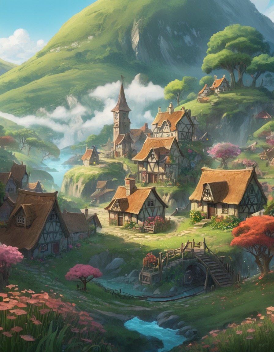 fantasy, village, nature, peaceful, quaint, fantastic