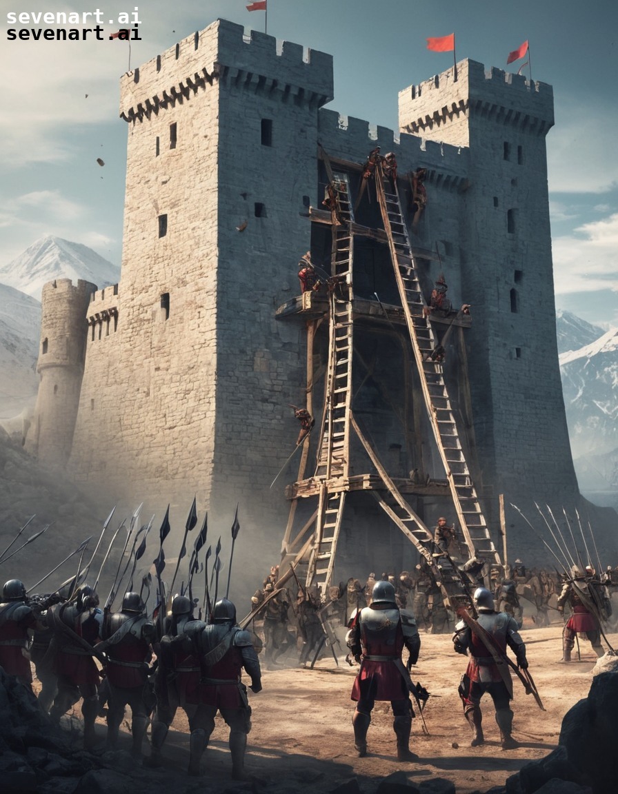 castle, siege, soldiers, ladders, arrows, middle ages