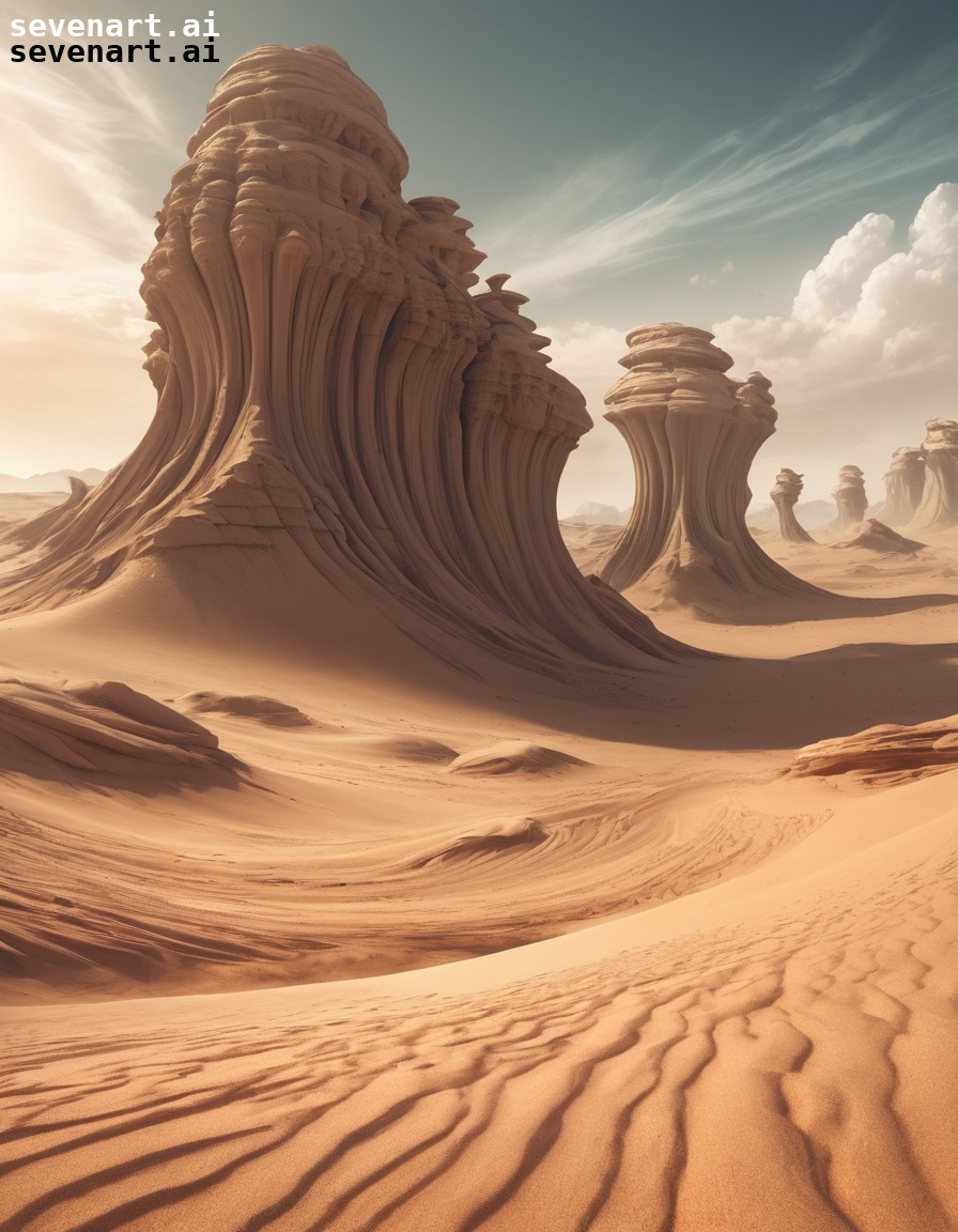 alien world, desert, rock formations, sand whirlwinds, mystifying, dune