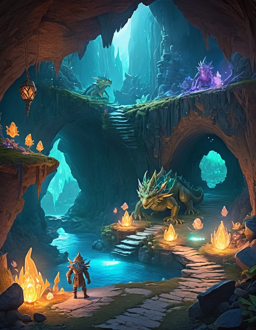 fantasy, cave, glowing crystals, goblins, dragons, fantastic