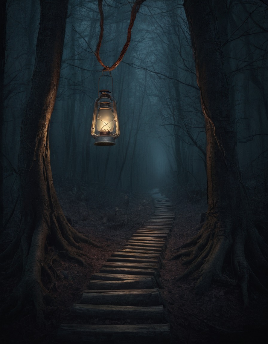 haunted forest, lantern, path, darkness, gothic, underground, dark