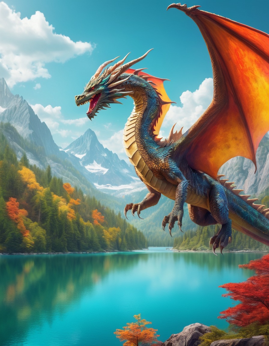 fantasy, dragon, lake, forest, majestic, fantastic