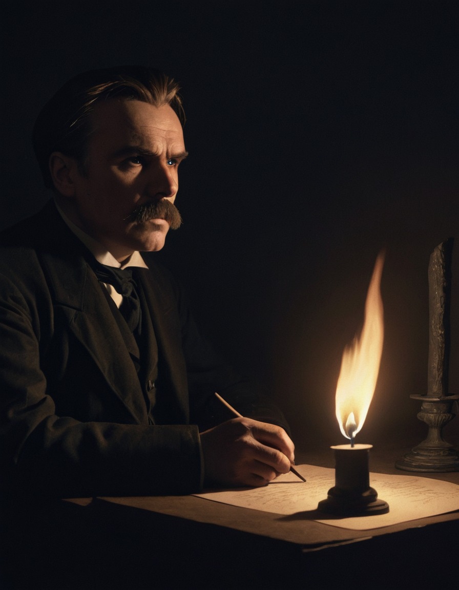 friedrich nietzsche, philosopher, deep thinking, shadows, torches, contemplation