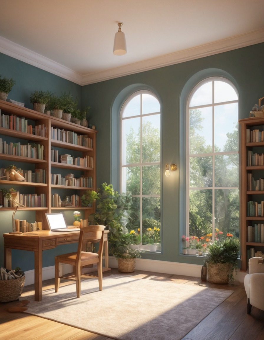 cozy, study, bookshelves, desk, window, garden, home, interior