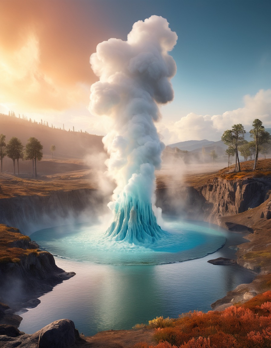 surreal, landscape, geysers, energy, beings, mist, extraterrestrial, aliens