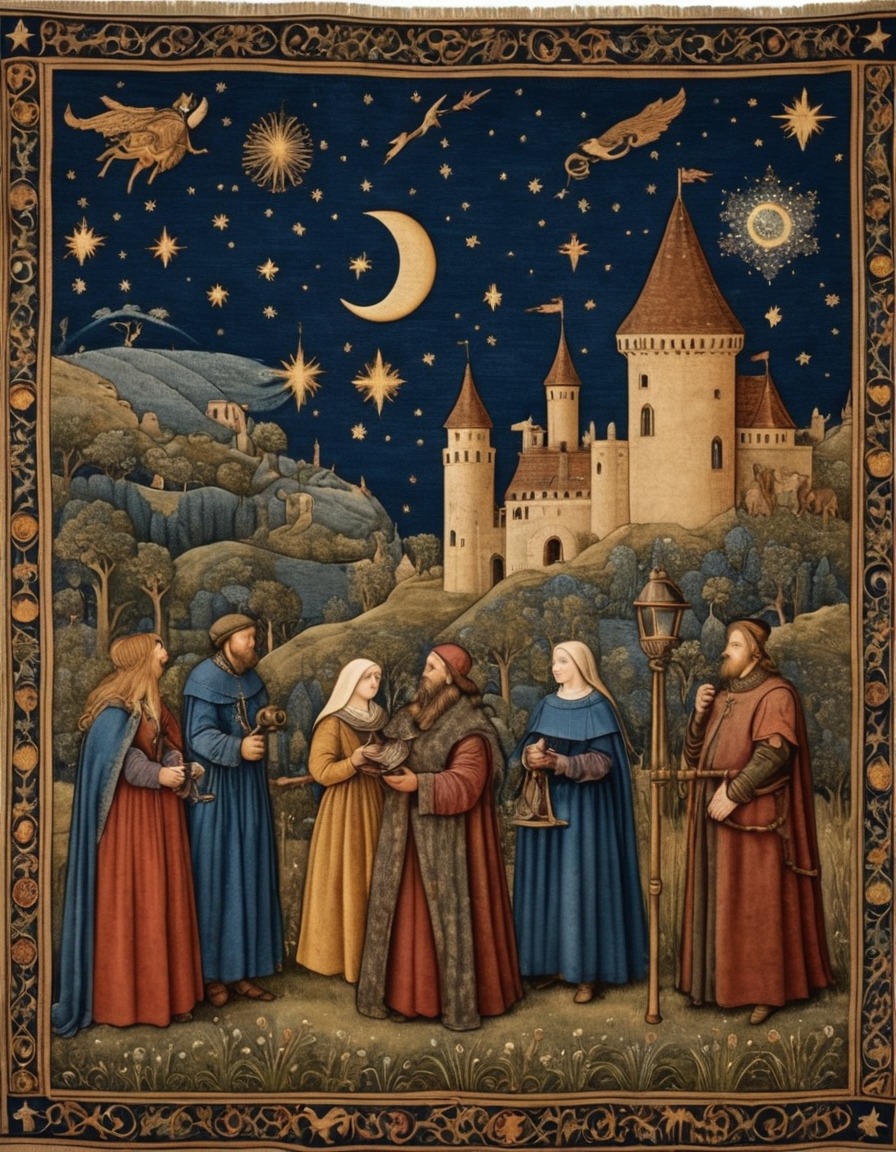 medieval, tapestry, astronomers, telescopes, night sky, art