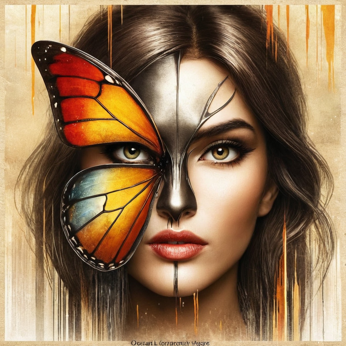 digitalart, portrait, femme, fer, masque, papillon, peinture, iabing