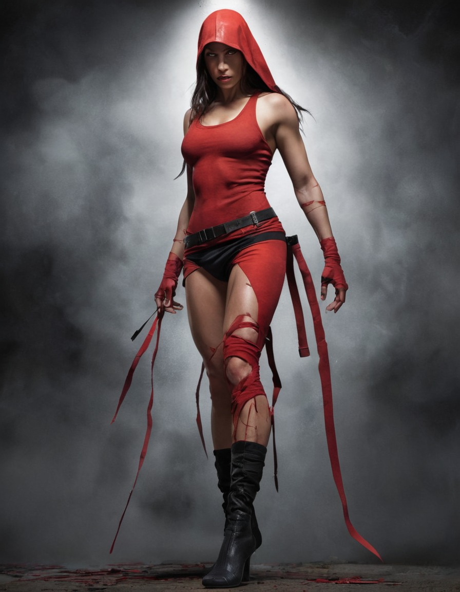 elektra, superhero, superhuman strength, resilience, ripped clothes, confident.