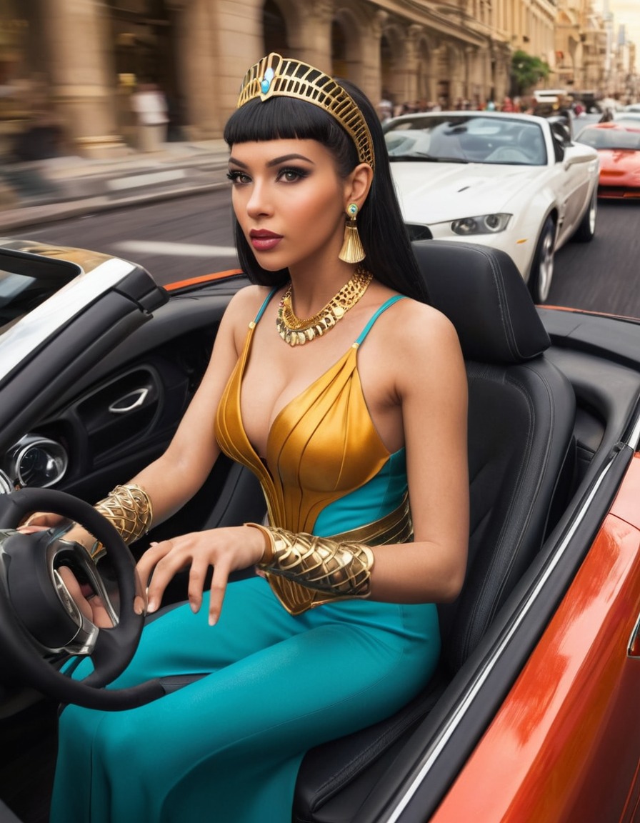 cleopatra, rush hour, traffic, sports car, glamour, ancient egypt