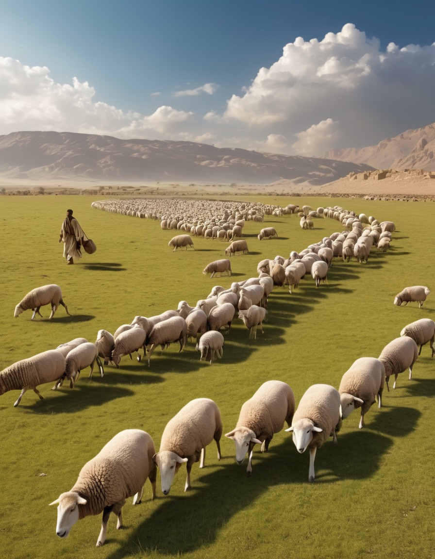 ancient shepherd, sheep, meadow, mesopotamia, 2000 bc