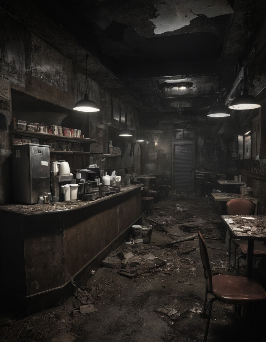 coffee shop, abandoned building, urban decay, cityscape, city life