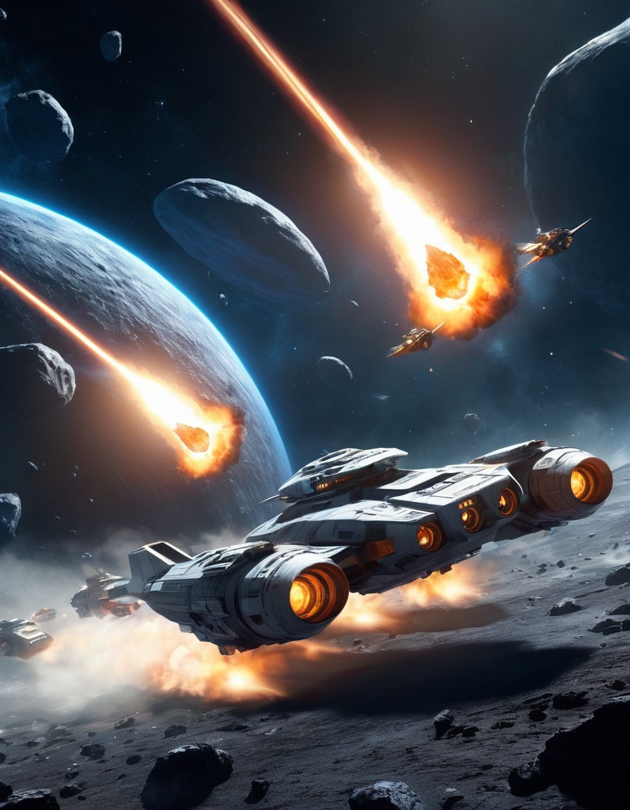 spacecraft, asteroid field, highspeed chase, space scene