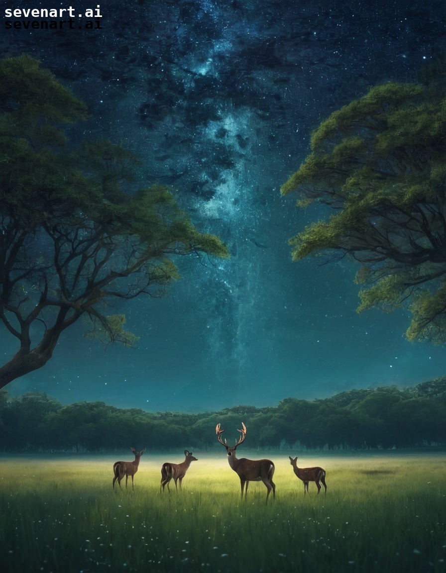 meadow, deer, stars, night, peaceful, nature